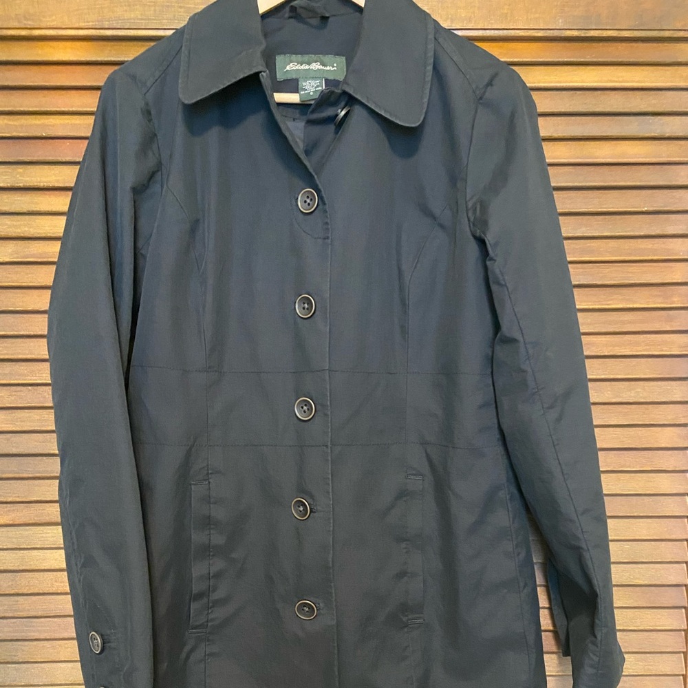 Eddie Bauer Button Down Trench Coat Women's Small Black Pockets Lined Outdoor